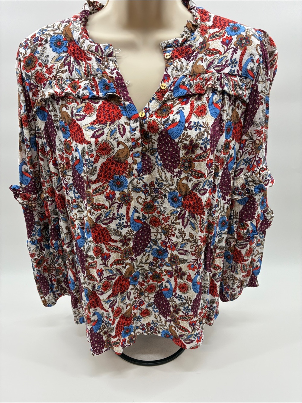 LOFT Printed Peasant Blouse in Red, Blue & Brown